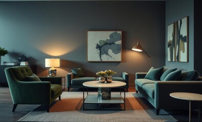 A haven of modern luxury where a plush green velvet armchair and sofa a gleaming marble table and a sleek design lamp cast a warm glow on the stylish living room accented by abstract paintings on 