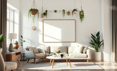 A minimalist mock-up poster frame adorned by retro furniture hanging plants and elegant accessories creates a stylish and inviting interior living room The white walls and home decor add a touch 