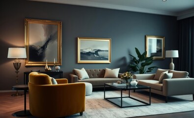 A plush living room adorned with a velvet armchair a sleek sofa and a coffee table exuded an aura of sophistication Abstract paintings framed in elegant gold adorned the gray wall adding a tou