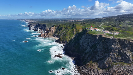 Roca Cape Coast At Sintra In District Of Lisbon Portugal. Beach Skyline. Nature Landscape. Summer Travel. Roca Cape Coast At Sintra In District Of Lisbon Portugal. Tropical Scenery.