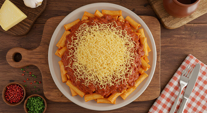 Traditional Brazilian Macarronada with Rich Tomato Sauce and Grated Cheese on Rustic Table