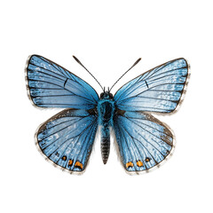  Beautiful blue butterfly in full body close-up portrait, flying with grace isolated on white and transparent background.