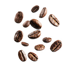 Coffee beans flying isolated on white and transparent background.