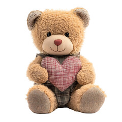 Cute teddy bear holding a heart isolated on white and transparent background.