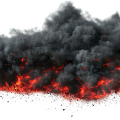 Explosion border with dark smoke and red lava isolated on white and transparent background.