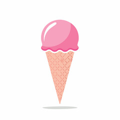 A single scoop of pink ice cream in a waffle cone, isolated on white.