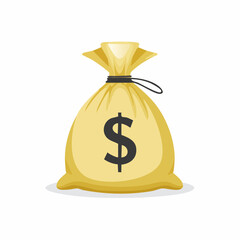 A cartoon illustration of a golden money bag tied with a string, displaying a dollar sign.