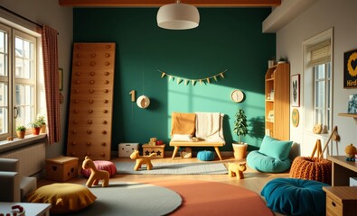 A vibrant and inviting Scandinavian playroom where a modern climbing wall sleek wooden toys and plush soft furnishings created a haven of fun and learning  Cute children's accents and stylish deco