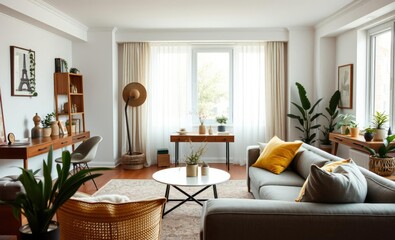 A bohemian haven the living room in an apartment exuded warmth and tranquility A stylish coffee table plush gray sofa and honey yellow pillows created an inviting ambiance A cozy desk elegant c