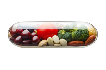 A glimpse into a revolutionary future of health. A transparent capsule, crafted from high-grade materials, showcases a vibrant blend of nature's finest ingredients: fruits, nuts, and vegetables.