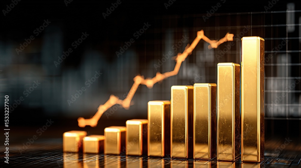 Poster shiny golden bar graph with line chart overlay and data visualization