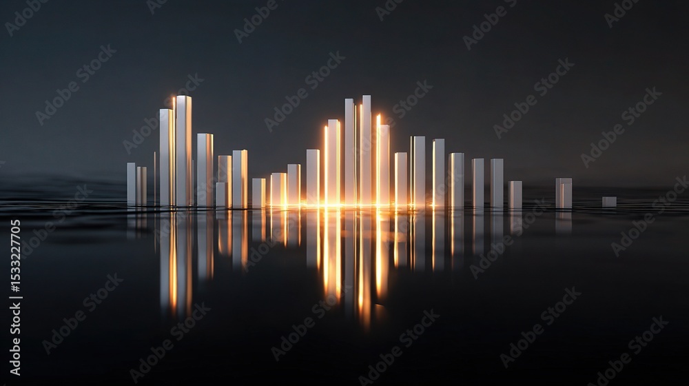 Poster 3d rendering of glowing bar graph with line elements and reflection