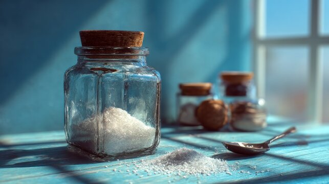 Still life of sugar in glass jars on wooden surface with light streaming in