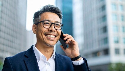 man asian wearing glasses, smiling, talking on mobile phon
