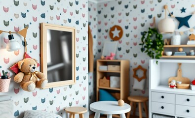 A Scandinavian haven for children where a playful pattern wall adorned with a mock-up photo poster frame a cozy teddy bear and a vibrant array of wooden accessories and toys created a whimsical and