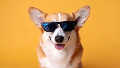 Cool corgi dog wearing pixelated sunglasses, smiling and looking stylish