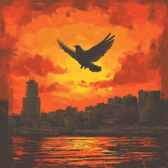 Obraz premium Sunset cityscape with a bird in flight