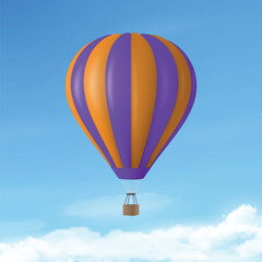 Fototapeta premium Vector Travel Banner with 3d Realistic Hot Air Balloon Icon on a Blue Sky Background. Design Template, Summer Vacation, Travelling, Tourism and Journey Concept