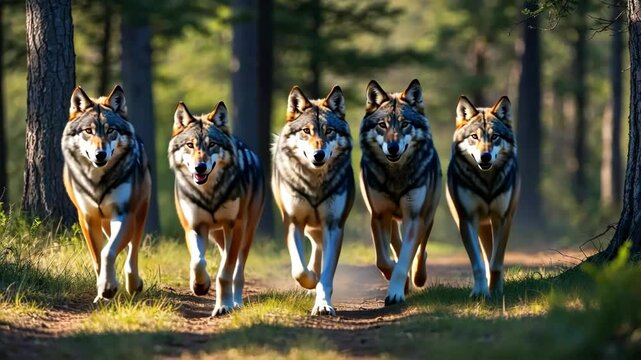 Pack of five wolves running through a forest, wolves on a path, wildlife.