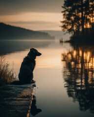 Silhouette of a Black Dog by a Calm Lake at Sunrise