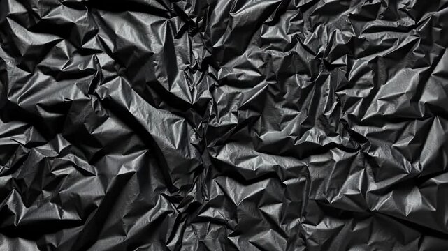 Dramatic black plastic crumpled texture background, dark abstract pattern, close-up detail.