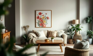 A spring-themed living room featuring a mock poster frame showcasing a vibrant floral design a cozy beige sofa draped in soft cushions and a warm wooden coffee table complemented by potted greener