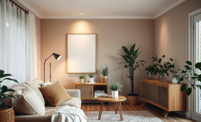A cozy living room unfolds adorned with a mock-up poster frame a plush beige sofa a chic wooden console and a rattan sideboard A symphony of greenery including potted plants and a glass vase fil