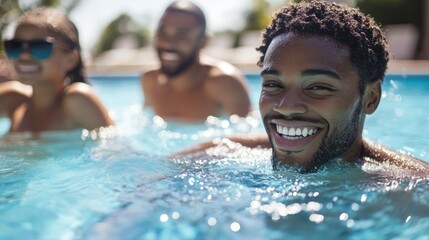 Three smiling people swimming happily together in a pool of water