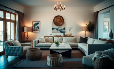 A living room a haven of tranquility awaits your touch A modular sofa a plush armchair a sleek travertine coffee table and a woven basket add warmth and character while a stylish sideboard and 