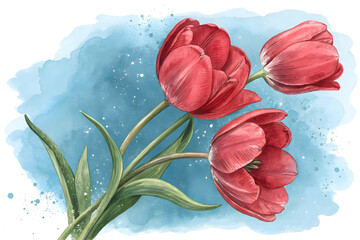 Bouquet of three red tulips on a blue background. Watercolor illustration