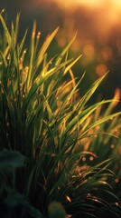 Closeup of Dewy Green Grass at Sunrise