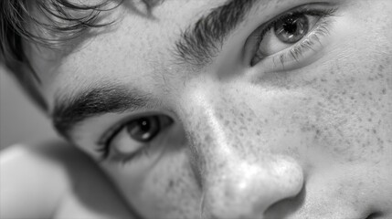 Closeup Black and White Portrait of a Young Man with Freckles