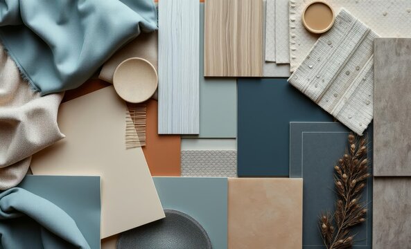 A meticulously arranged flat lay composition showcases a diverse palette of textiles paint samples panels and cement tiles This stylish interior designer moodboard featuring a calming blue beige