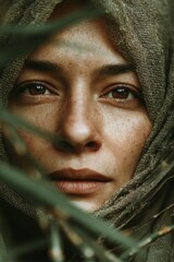 Close Up Portrait of a Woman with Freckles Wearing a Beige Headscarf
