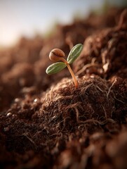 Small Green Sprout Emerging From Dark Brown Soil