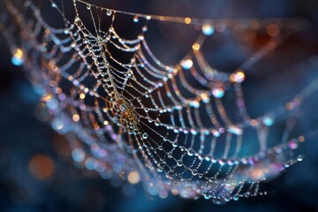 Close-Up of Dew-Covered Spiderweb with Iridescent Colors