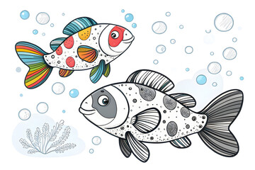 Drawing of two outline fish, black white, painted with color spots, isolated on a white background