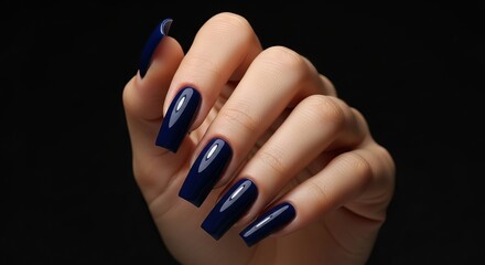 Elegant Dark Blue Nail Design Long Coffin Nails with Glossy Finish