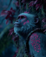 Glowing Pink Tattooed Ape in Dark Jungle
