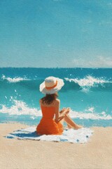 Woman in Orange Dress and White Hat Relaxing on Sandy Beach
