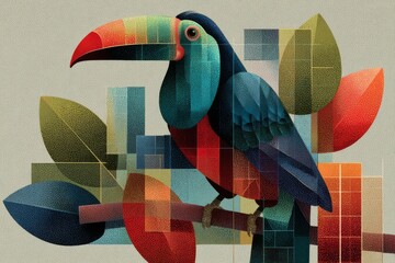 Colorful Toucan Bird in Geometric Leaf Mosaic
