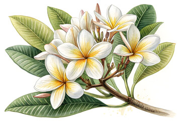 Frangipani flowers, white and yellow exotic flowers on an isolated white background