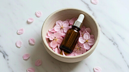Aromatic Bliss: A sophisticated still life showcases a bottle of essential oil amid delicate pink blossoms, offering a sense of tranquility and serenity.