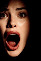 Closeup Portrait of a Terrified Woman Screaming in the Dark