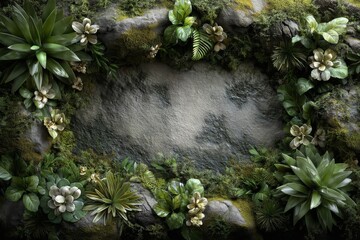 Lush Greenery Border Around Gray Stone Background