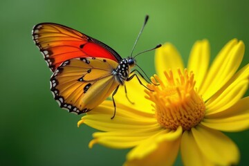 Fototapeta premium Close-up of a coccinelle butterfly resting on a bright yellow marguerite flower, flower, entomology