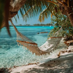 Relaxing Hammock by Turquoise Ocean on Tropical Beach