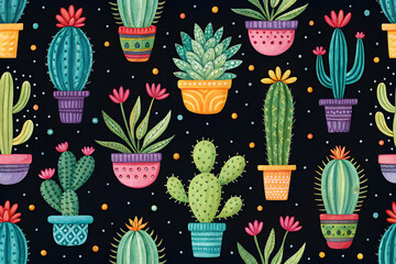 Hand drawn abstract watercolor seamless pattern with bright cacti in pots on a black background