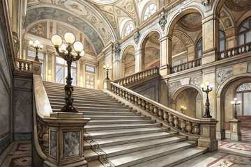 Hand-drawn sketch of a marble staircase in a palace. The rich decoration of a historic old building