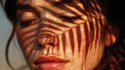 Closeup Portrait of a Woman with Leaf Shadows on her Face